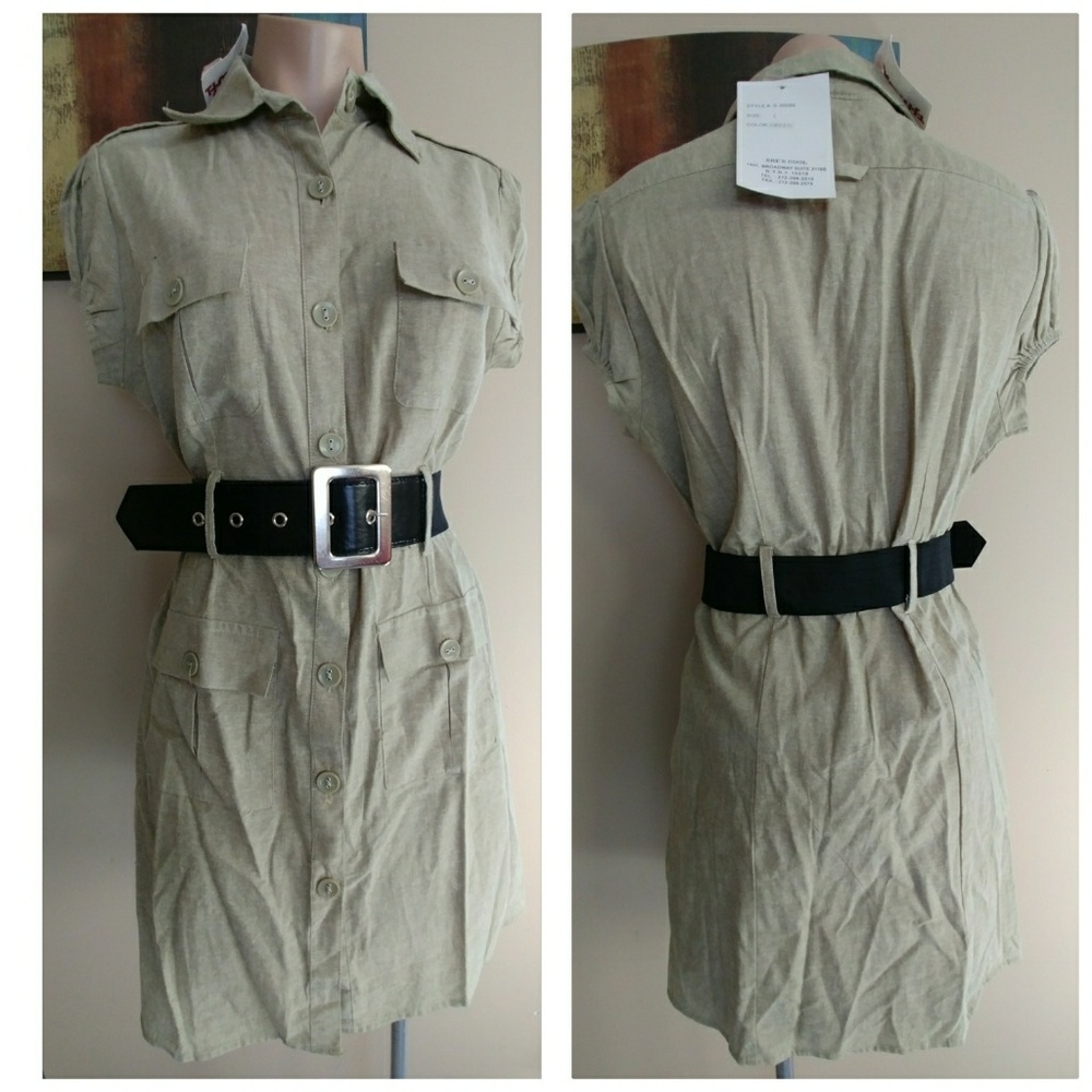 SHE'S COOL BUTTON UP GREEN CARGO COLLAR DRESS